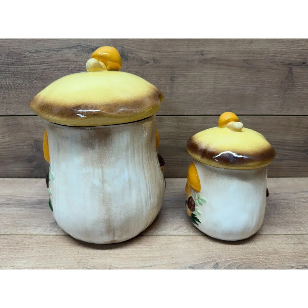 Vintage MCM Ceramic Mushroom Canister Set w/ Lids Retro 1970s Kitchen